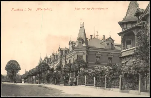 Ansichtskarte Kamenz Kamjenc Albertplatz. von der Fürstenstrasse. 1909