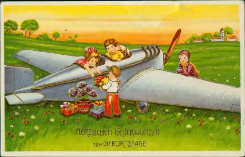 Ansichtskarte  Geburtstag Birthday Kinder Flugzeug Blumen 1911 Gold