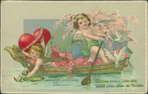 Ansichtskarte  Liebe Love Amor Engel in Gondel Herz 1907 Gold