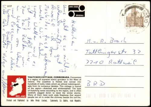 Postcard Renvyle Traditionelles Thatched Cottage in Connemara 1975