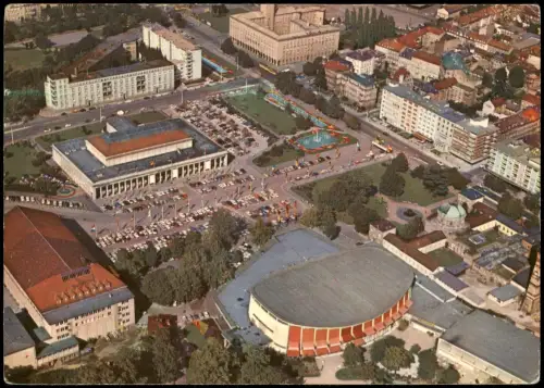 Karlsruhe Luftaufnahme Festhallenplatz mit Schwarzwaldhalle und Nancyhalle 1963