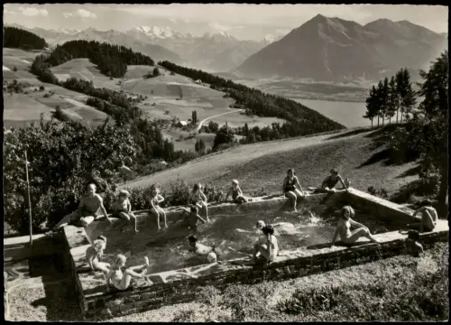 Goldiwil ob Thun Kinderheim Montana,   Schwimmbad mit Alpenpanorama 1958