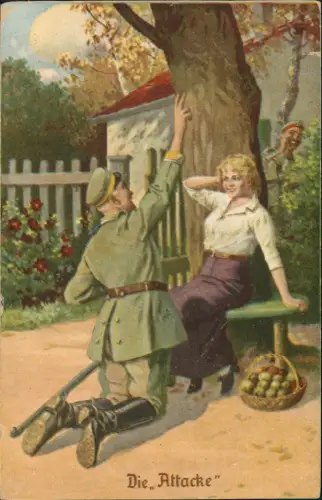 Ansichtskarte  Feldpostkarte1. WK Die Attacke Soldat und Frau 1917   Feldpost