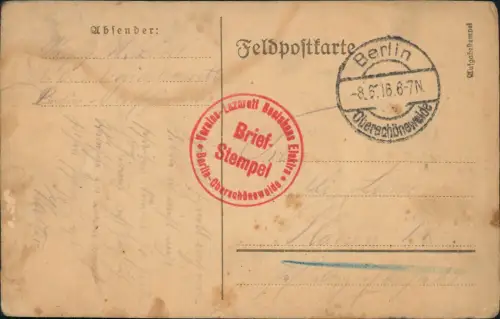 Ansichtskarte  Feldpostkarte 1. WK 1916  Feldpost Oberschöneweide Stempel rot