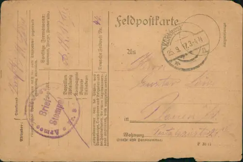 Ansichtskarte  Feldpostkarte 1917  1. Weltkrieg Feldpost (Feldpoststempel)