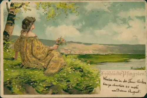 Pfingsten Pentecost Künstlerkarte: Erik Mailick Frau 1902 Mailick Gold