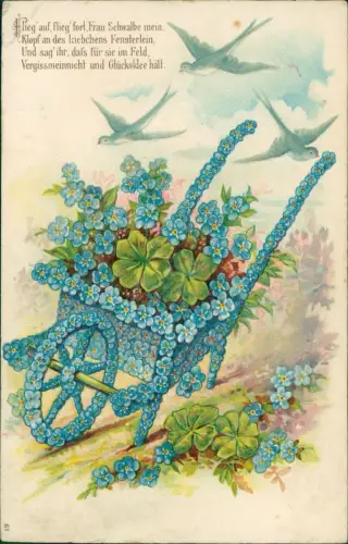 Künstlerkarte Glück Schwalben Schubkarre aus Veilchen Glücksklee 1906 Prägekarte
