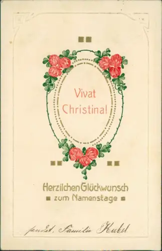 Geburtstag Birthday Vivat Christina! Glücksklee Ornament 1907 Goldprägung