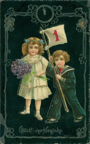 Ansichtskarte  Neujahr Sylvester New Year Junge und Mädchen Fahne mit 1 1912