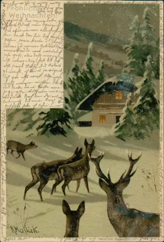 Weihnachten Christmas Rehe vor Haus Erik Mailick Künstlerkarte 1901 Mailick