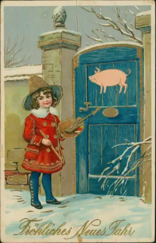 Ansichtskarte  Junge malt Glücksschwein an die Tür 1911 Gold