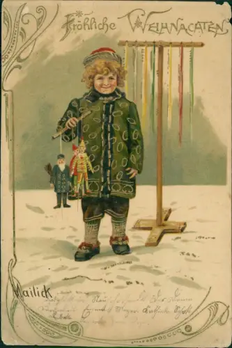 Künstlerkarte: Erik Mailick Weihnachten Christmas Junge mit Puppen 1903 Gold
