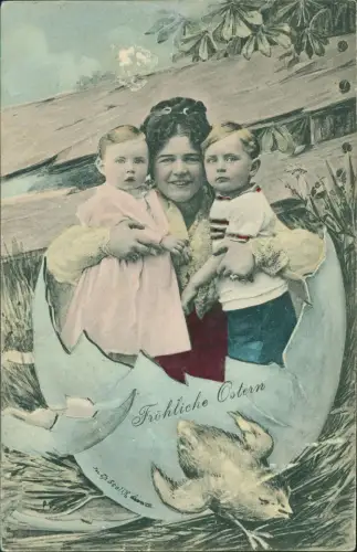 Ansichtskarte  Ostern Easter Frau mit Kindern schlüpft aus Osterei 1912