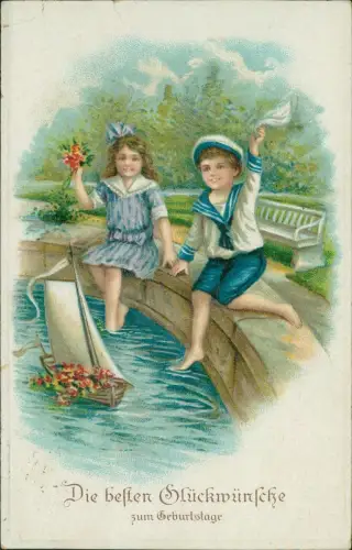 Geburtstag Birthday Junge und Mädchen als Matrosen Boot 1921 Prägekarte