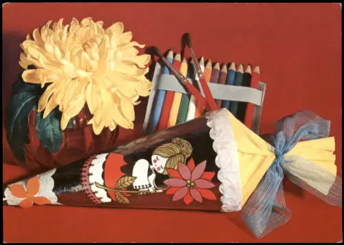 Glückwunsch Schulanfang  DDR AK mit Malstiften Schultüte Zuckertüte 1981