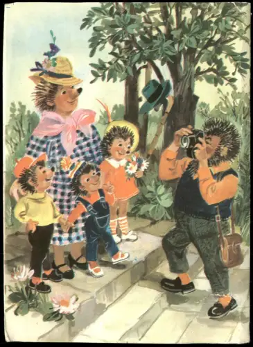 Ansichtskarte  Igel-Familie DDR-Mecki mit Familie Familienfoto 1980