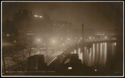 Postcard London HOTEL CECIL AND EMBANKMENT AT NIGHT 1920
