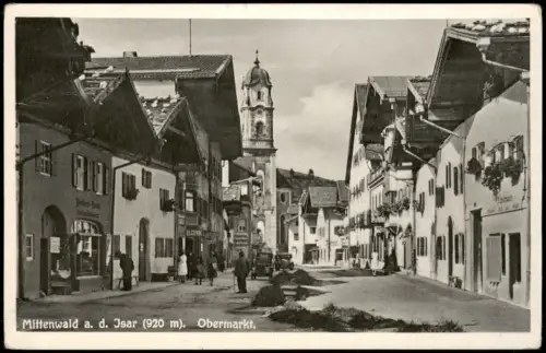 Ansichtskarte Mittenwald Obermarkt Partie mit Geschäften 1920