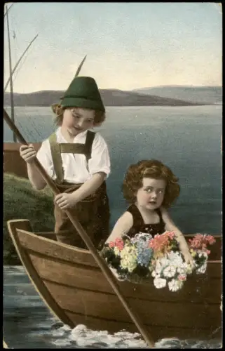 Ansichtskarte  Kinder Künstlerkarte Mädchen und Junge Ruderboot 1910