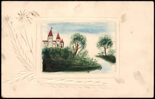 Künstlerkarte gemaltes Haus an Fluss-Landschaft 1914 MITTWEIDA n. Dorfchemnitz
