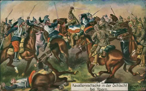 Ansichtskarte  Kavallerie-Attacke Schlacht bei Ypern 1915 Feldpoststempel 1. WK