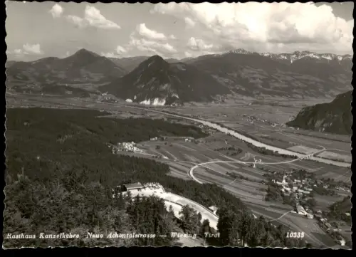 Wiesing Panorama mit Rasthaus Kanzelkehre Neue Achentalstrasse Wiesing 1960