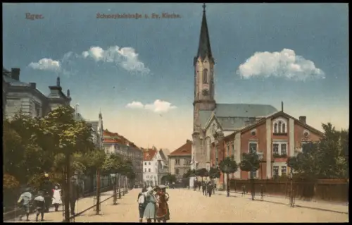 Postcard Eger Cheb Schmeykalstraße u. Ev. Kirche. 1915
