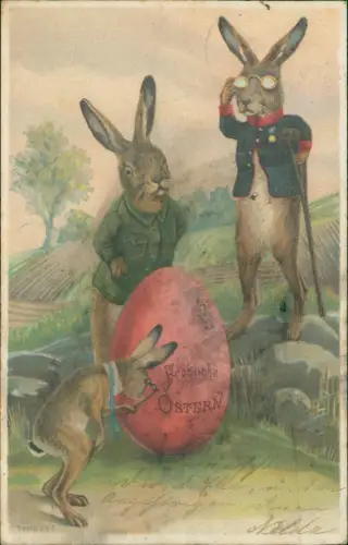 Ansichtskarte  Ostern Easter Osterhasen als Menschen vor EI 1904