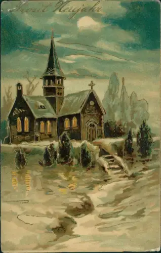 Neujahr Sylvester New Year Kirche Künstlerkarte Goldeffekt 1911 Goldprägung