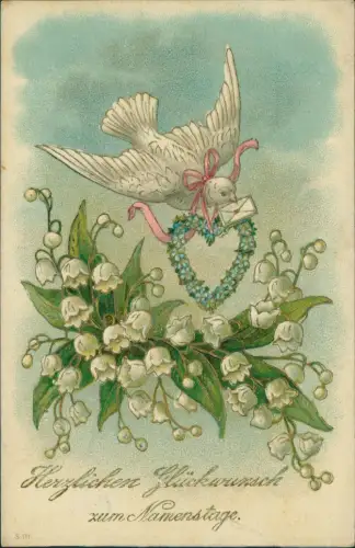 Geburtstag Birthday Briefstaube mit Herz Veilchen Märzenbecher 1911 Goldprägung