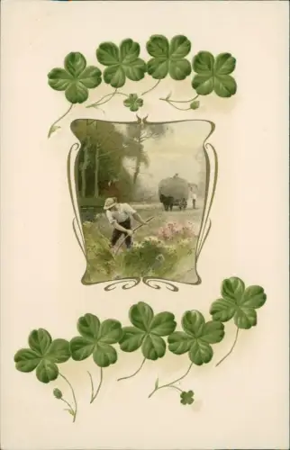 Glückskarte Bauer Heuernte Kleeblätter Jugendstil 1912 Prägekarte