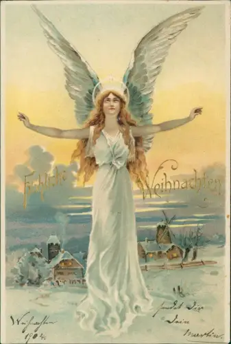 Ansichtskarte  Engel Angel - Künstlerkarte Weihnachten Stadt Mühle 1908 Gold