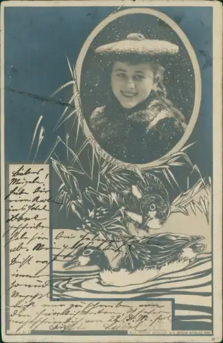 Fotokunst schöne Frau mit Mütze - Jugenstil-Ornament Enten am Teich 1911