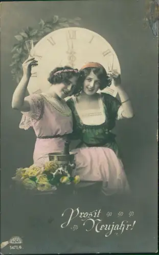 Ansichtskarte  Neujahr Sylvester New Year Uhr schöne Frauen Sekt 1915