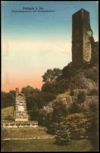 Ansichtskarte Stolpen Siebenspitzenturm mit Kriegerdenkmal 1908