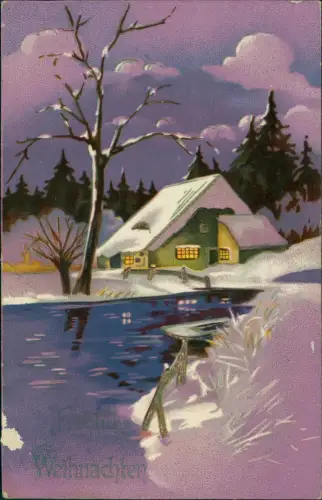 Ansichtskarte  Weihnachten Christmas farbenfrohe Winterlandschaft 1909 Gold