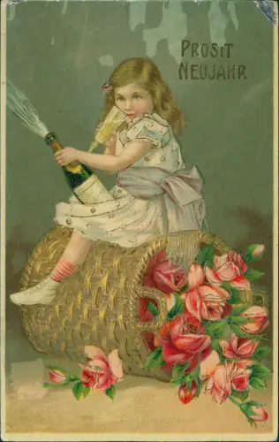 Neujahr Sylvester New Year Mädchen auf Korb mit Sektflasche 1910 Goldprägung