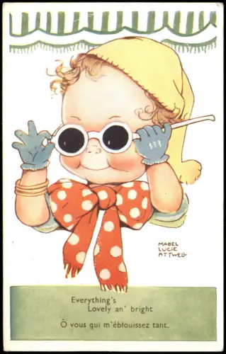 Kinder Künstlerkarte Kind mit Sonnenbrille Kunst Mabel Lucie Attwell 1960