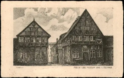 Mölln (Schleswig-Holstein) Künstlerkarte Zeichnung MUSEUM UND ALTES HAUS 1910