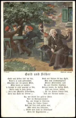 Künstlerkarte C. Zander, Gold und Silber, Männer beim Trinken 1910