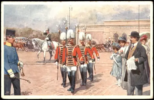 Signierte Künstlerkarte Österreich Militär Reiter Aufmarsch Garde 1910
