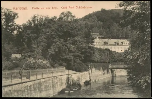 Karlsbad Karlovy Vary Partie an der Tepl. Café Park Schönbrunn. 1909