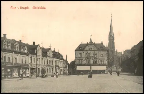 Ansichtskarte Aue (Erzgebirge) Marktplatz Geschäfte 1909