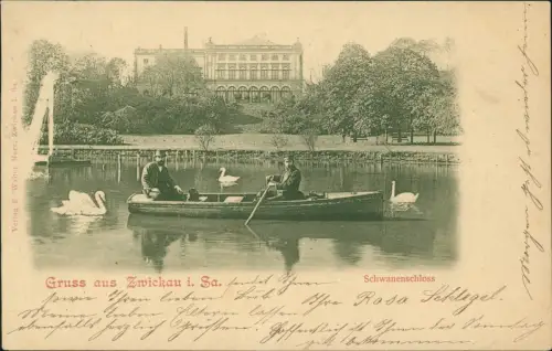 Ansichtskarte Zwickau Schwanenschloß, Ruderer auf Teich 1901