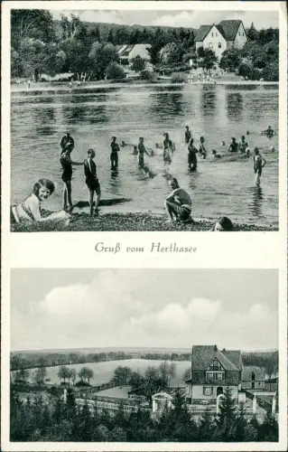 Holzappel-Diez (Lahn) 2-Bild-AK Herthasee u. Hotel Pension Schneider 1930
