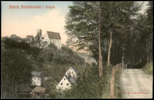 Scharfenstein-Drebach (Erzgebirge) Waldweg und Schloss Scharfenstein 1909