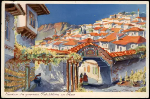 Bulgarien Künstlerkarte Tabakdorf im Distrikt Dupniza, Bulgarien 1930