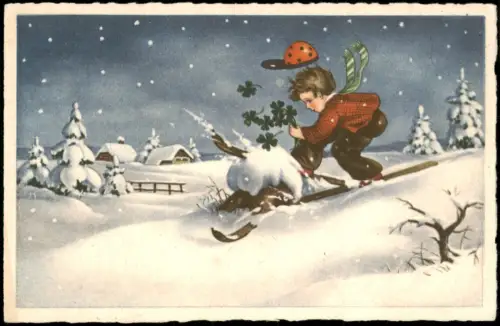 Grusskarte Junge im Schnee Glücksklee-Blätter und Käfer-Mütze 1930