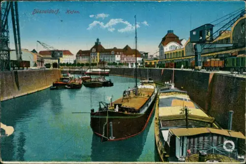 Ansichtskarte Düsseldorf Hafen - Schleppschiffe 1917
