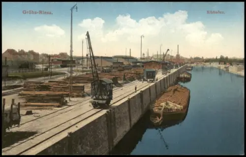 Ansichtskarte Gröba-Riesa Hafen Elbe Kräne 1912